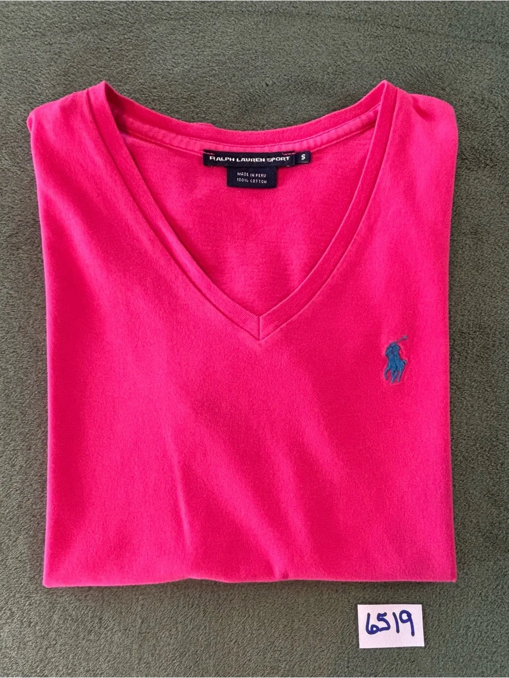 Ralph Lauren Bright Pink V-Neck Shirt with Blue Pony, Size: S (youth/girls) hi